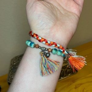 Cambodian Handmade Braided Silk Orange & White Adjustable Tassel Bracelet